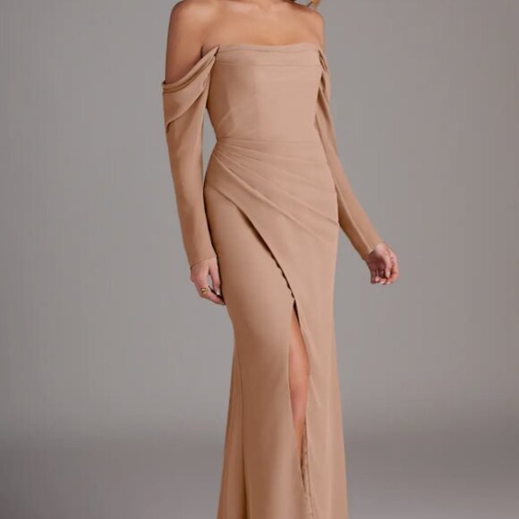 Azazie Hallie Champagne Rose Mermaid Long Sleeve Chiffon Dress - Picture 2 of 4